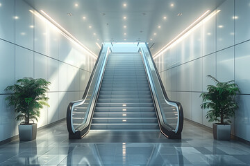 An escalator in a building with lush green plants on either side providing a refreshing natural touch to the urban environment, mockup