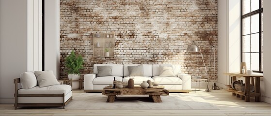 A white living room with stone bricks and a white brick wall