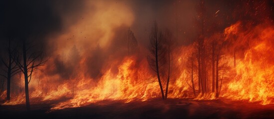 A fierce and destructive wildfire blazing through a dense forest, engulfing countless trees in its path. The intense flames consuming everything in their wake, creating a scene of chaos and