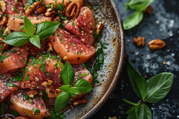 Fresh and vibrant tomato salad with pecans, herbs, and a light dressing, perfect for a healthy appetizer