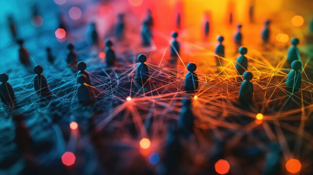 Colorful Network of Connected Miniature Figures Simulating Social Interactions