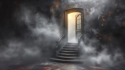 Open door  to heaven revealing stairway in smoking dark room.