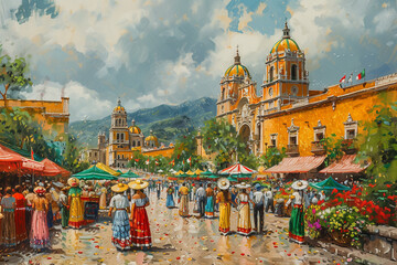 Obraz premium For independence day or cinco de mayo parade. A painting depicting numerous individuals walking around a bustling market, engaging in various activities like shopping and socializing