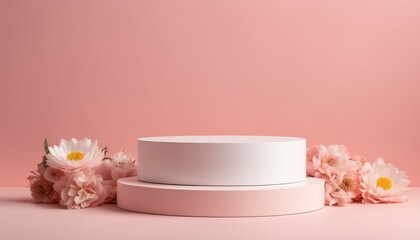 Obraz na płótnie Canvas Elegant cake with floral accents on soft pink background