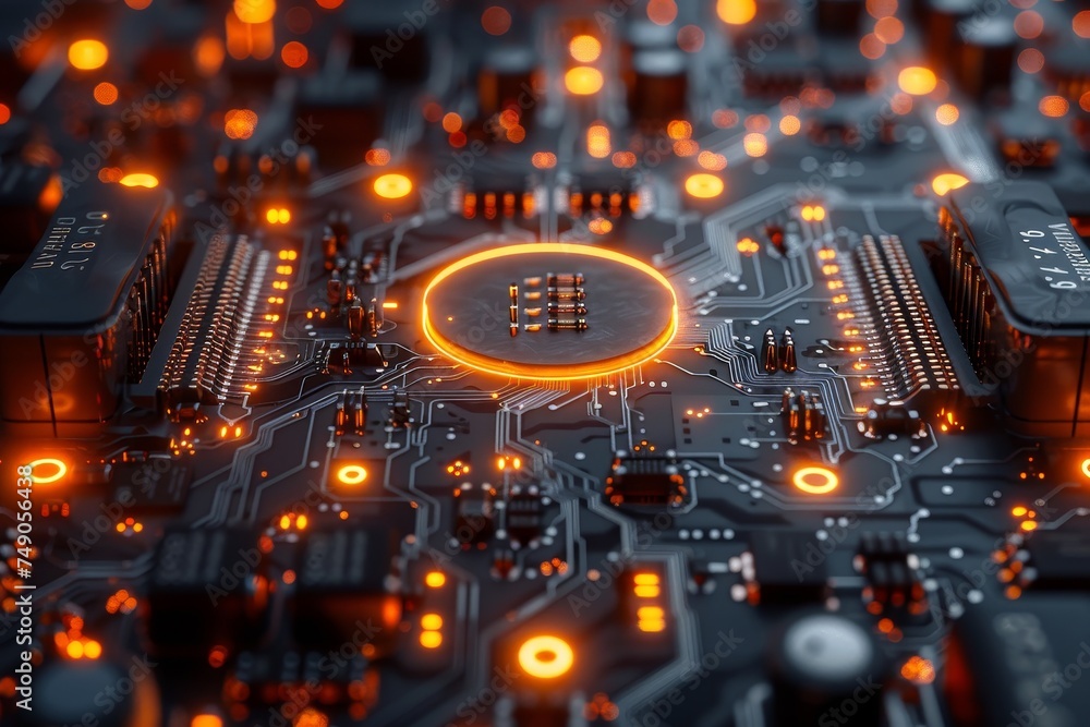 Poster the image depicts a central processing unit in the focus, with a radiant backlit electronic circuit 