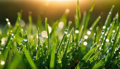 Fototapeta premium Dewdrops on blades of grass, a morning's gentle touch