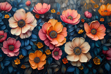 A painting featuring colorful flowers set against a black background, showcasing intricate details and vivid hues, patterns for textiles 