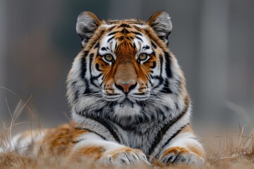 A powerful tiger lying on the ground, directly staring at the camera with an intense gaze in a natural habitat