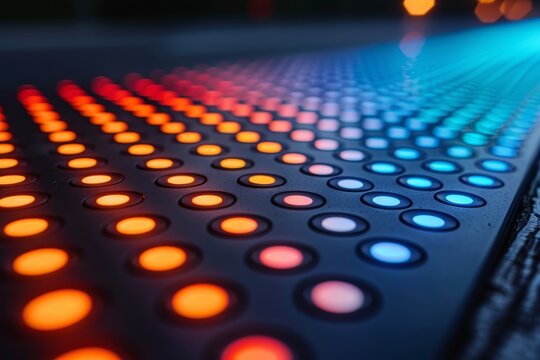 This high-quality image captures the essence of music production, focusing on the illuminated controls of a DJ mixer