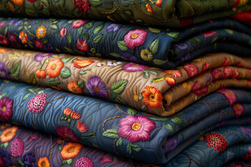 A vibrant stack of quilts featuring intricate floral designs