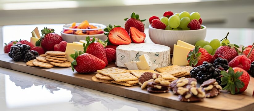 A variety of party snacks such as cheese bites, strawberries, and crackers are arranged neatly on a sleek marble table, creating an appetizing display for guests to enjoy.