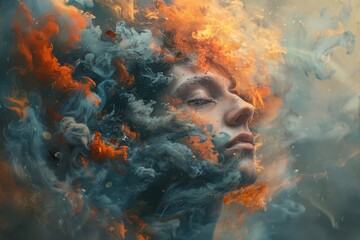 Fototapeta na wymiar A stunning visual of vibrant fiery hues intertwining with cool blue smoke, creating an abstract ethereal scene