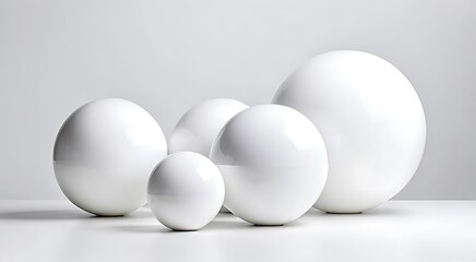 A group of glossy white spheres of various sizes arranged on a plain background, showcasing simple geometric forms.