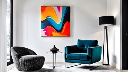 Modern living room with a vibrant abstract painting, teal armchair, patterned ottoman, and sleek floor lamp.