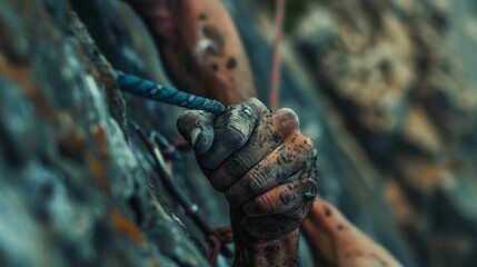 A pair of hands covered in calluses and dirt gripping tightly onto a rope as they scale a steep and treacherous mountain face. The climbers muscles strain with each step but