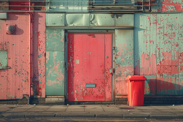 A red trash can placed in front of a building, serving as a disposal point for waste