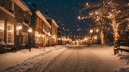 Fototapeta na wymiar Street in the night at Christmas Wintertime snowing