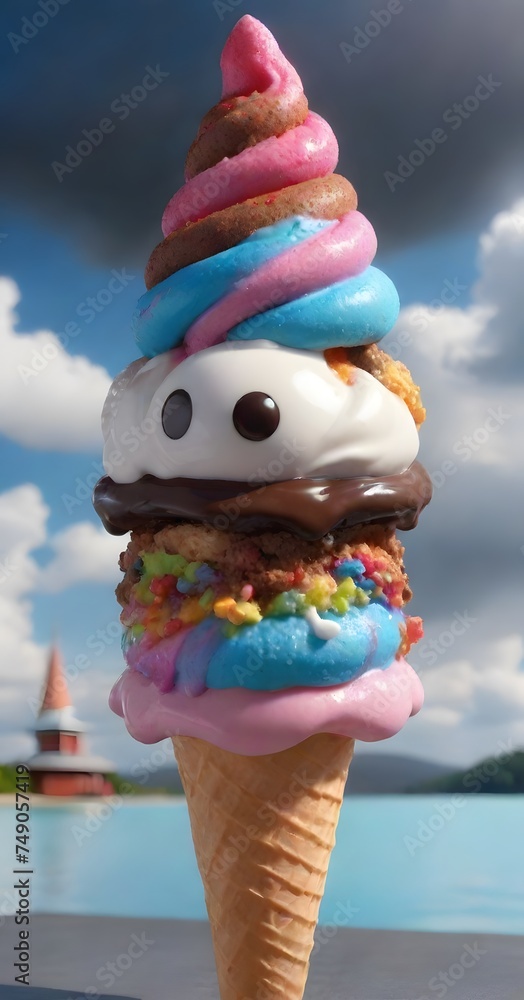 Poster a playful and whimsical ice cream cone with a smiling character face and colorful scoops. the cheerf
