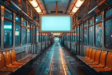 A train interior featuring empty seats and a large screen for information or entertainment, mockup - obrazy, fototapety, plakaty