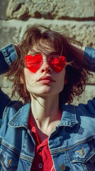 Naklejka premium portrait of a woman with red hearts on her eyes