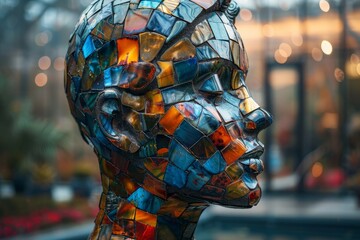 A detailed head sculpture adorned with vibrant mosaic tiles stands out in soft light
