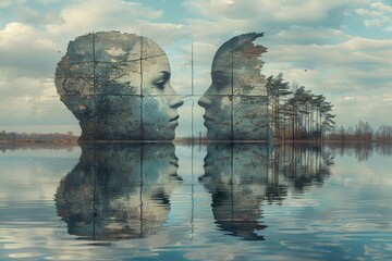 Surreal blending of a human profile with a tranquil landscape in a reflective body of water
