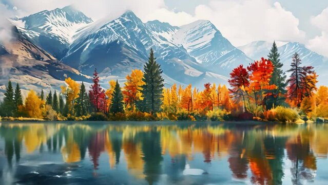 Painting of a Mountain Lake Surrounded by Trees