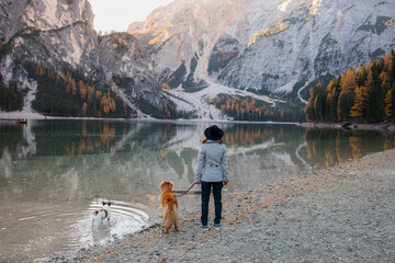A person and their golden companion pause on a pebbled lakeshore, gazing at the serene alpine waters reflecting the glow of an autumn dusk