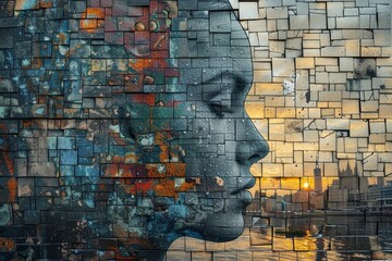 An artistically edited image combining a cityscape mosaic with the ethereal profile of a woman, as...