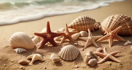 Fototapeta na wymiar Seashells and starfish on a sandy beach, a symbol of coastal tranquility