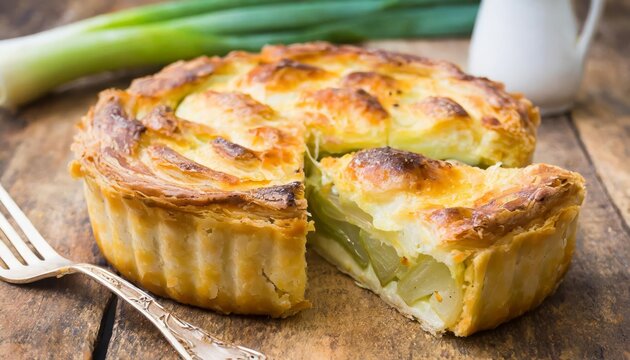 Generated image of leek pie on wooden background