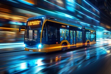High-speed bus moving through the city streets at night, with streaks of lights reflecting its swift motion