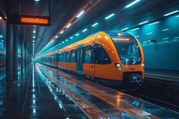 A vibrant orange metro train is captured motionless on the platform of a sleek, modern station with reflective surfaces and ambient lighting - Powered by Adobe