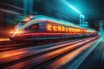 Fototapeta premium Capturing the essence of speed and motion, this image shows a train in a blur, streaking through the night with dynamic lights and urban energy