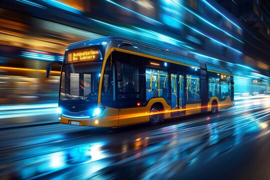 High-speed bus moving through the city streets at night, with streaks of lights reflecting its swift motion - Powered by Adobe