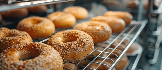 A variety of freshly baked doughnuts are neatly arranged on a metal rack, showcasing flavors such as glazed, chocolate, and sprinkles. The sweet treats are ready to be enjoyed by customers in a bakery