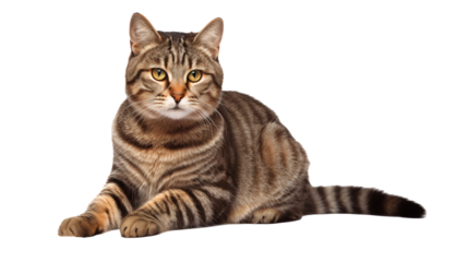 Tabby cat laying down isolated on white background