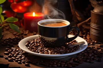 Cozy coffee break with black coffee cup, saucer, and roasted coffee beans on a rustic wooden table....