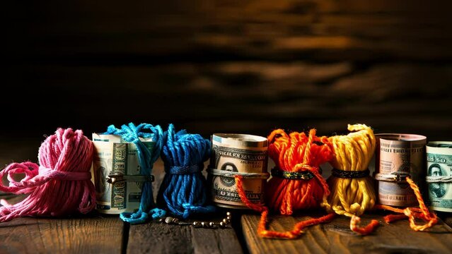 Row of Different Colored Yarn on Wooden Table