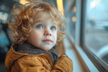 Curly-haired toddler looking out a window, deep in thought during a train ride