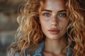 Beautiful young woman with curly hair and striking blue eyes in a close-up portrait