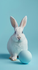 Obraz premium white rabbit with Easter egg on blue background.Minimal creative EAster party concept.Top view,copy space.Generative AI
