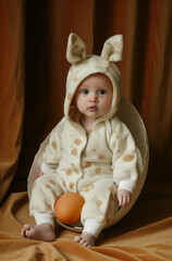 A baby in a bunny costume sitting in a half an egg ..Minimal creative Easter photo editorial concept.Copy space,top view.Generative AI