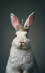 Obraz premium easter bunny prince with a crown on his head.minimal creative easter advertise photo editorial concept.copy space, top view.generative ai