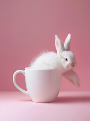 Rabbit in a cup.Minimal creative Easter drink concept.Copy space,top view.Generative Ai
