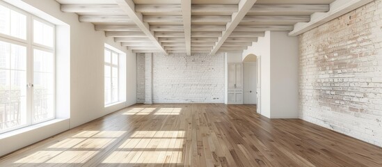 An interior view of an empty room featuring a white brick wall and wooden floors. The room is devoid of furniture, creating a blank canvas for potential decor and personalization in a new home setting