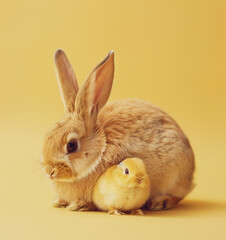 Fototapeta na wymiar Bunnie and Chick, Easter-themed photo editorial.Minimal creative Easter holiday photo editorial concept.Copy space,top view.Generative AI