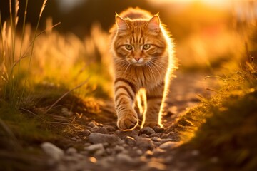 A majestic ginger cat with green eyes strolls along a rural road in the warm sunlight. Its fur glows in the setting sun, casting a long shadow that enhances the tranquil beauty of the scene. - obrazy, fototapety, plakaty