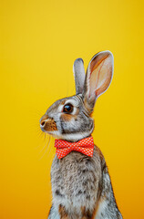 Rabbit with a bow tie, ready for Easter. Combination of vibrant bold Easter colors.Minimal  creative Easter party concept.Top view,copy space.Generative AI