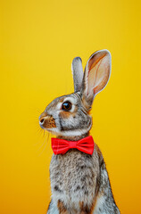 Rabbit with a bow tie, ready for Easter. Combination of vibrant bold Easter colors.Minimal  creative Easter party concept.Top view,copy space.Generative AI